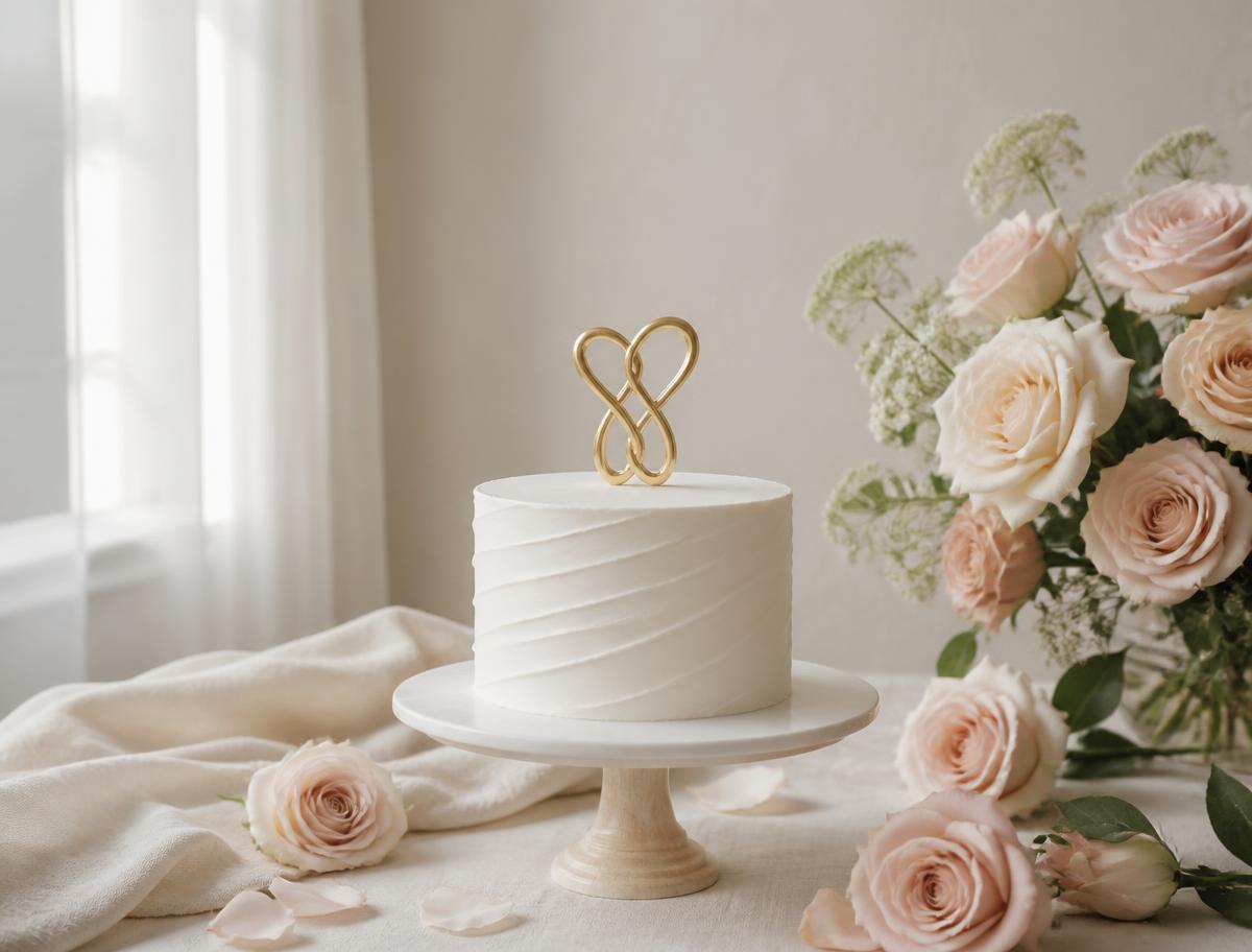 A small white wedding cake with a gold topper beside blush roses