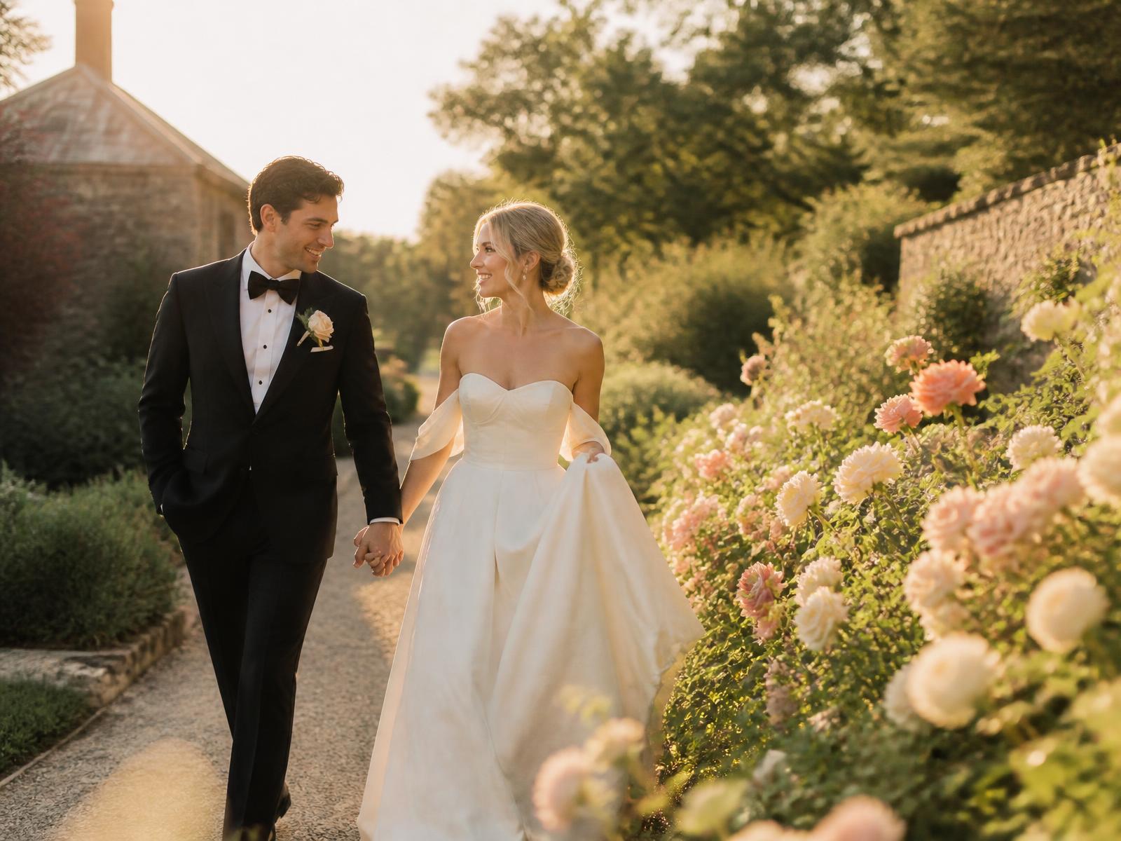A newly married couple holding hands in a sunlit Virginia garden